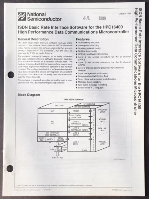 National Semiconductor - ISDN Software For HPC 16400 Controller Data Sheet 1988