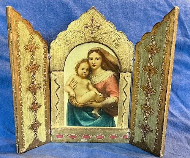 Vintage Wood Triptych Italian Florentine Gold Gilt Madonna & Child 7 3/8" H