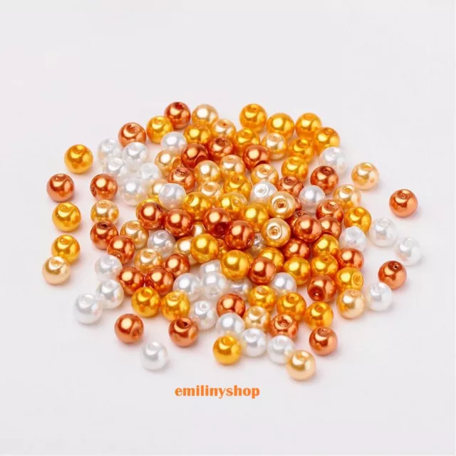 LOT 50 PERLES RONDES EN VERRE NACREES ORANGE APPRET BIJOUX 6 mm  NEUF