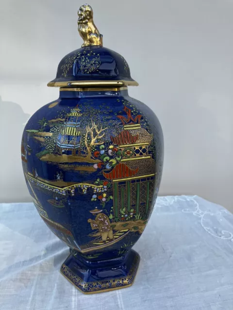 Vintage Carlton Ware Chinoiserie Blue 'Barge' Design 2519 Lidded Temple Jar 30cm