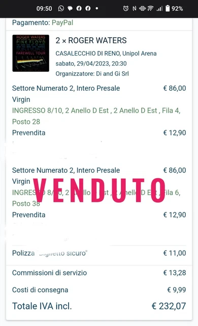 Biglietto concerto Roger Waters 29/04/2023 Unipol Arena - Casalecchio Di Reno 2