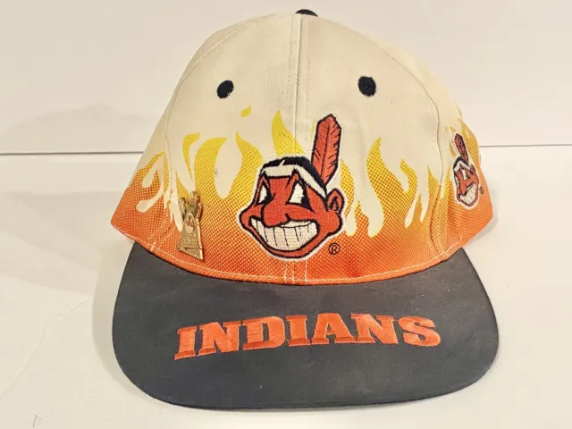Vtg Cleveland Indians “On Fire" Flame Print MLB Snapback Hat Cap Big Logo
