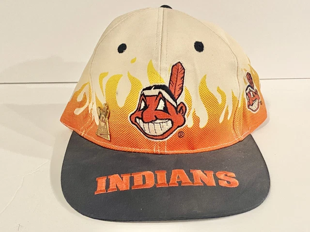 Vtg Cleveland Indians “On Fire" Flame Print MLB Snapback Hat Cap Big Logo