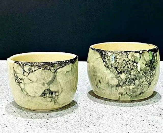 Small Studio Pottery Bowls Set of 2 Signed Black White Marbled Pattern Vintage