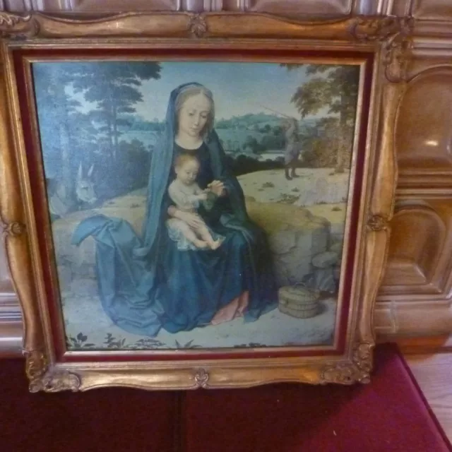 Altes Heiligenbild Maria mit Kind, Kunstruck auf Leinwand im Prunkrahmen/Stuck
