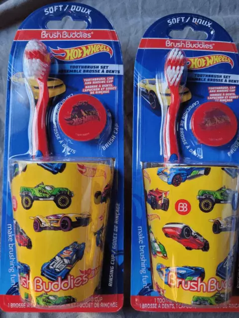 2 children's Hot Wheels toothbrush and cup sets. Each set comes with soft bristl