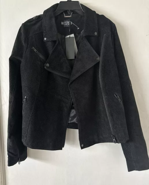 Stone Row Moto volcom biker black leather jacket Women’s Size Large/14 $350 MSRP