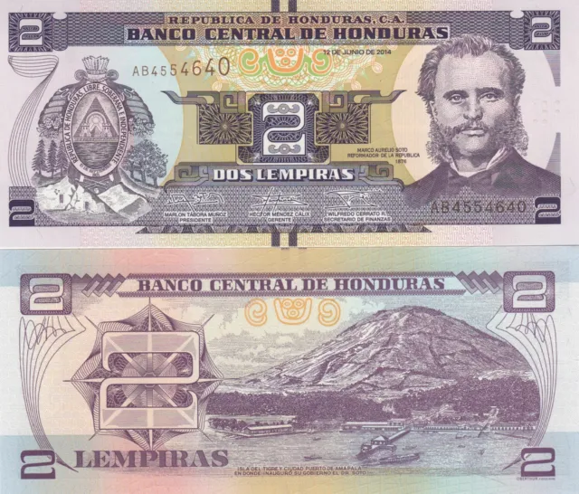 Billet de banque banknote HONDURAS 2 LEMPIRAS 2014 SOTO NEW NEUF UNC