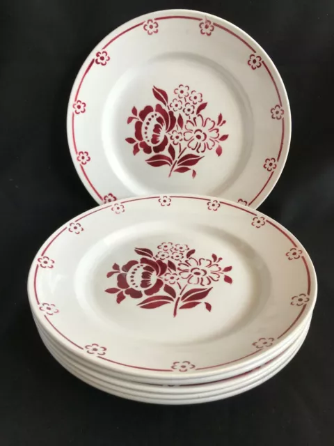 6 assiettes plates ST AMAND Ceranord modèle Gabriel fleurs rouge/bordeaux (lot1)