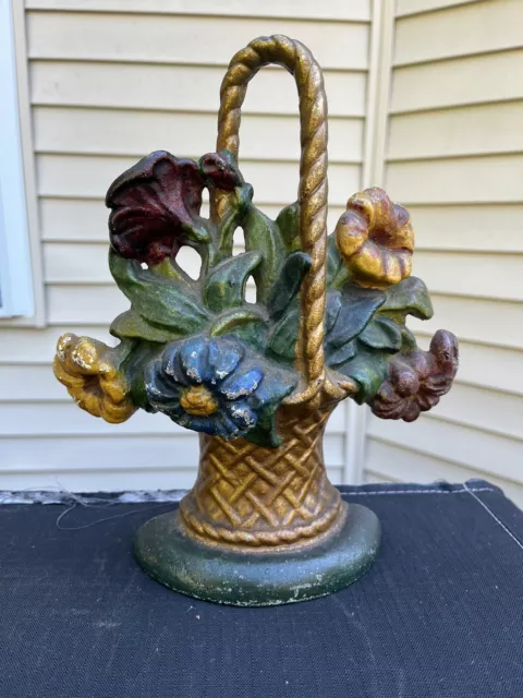 Antique Hubley Cast Iron Floral Basket Doorstop