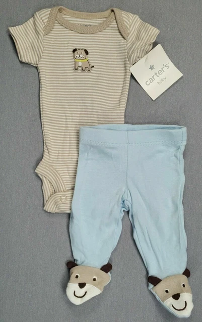 New Baby Boy Clothes Carter's Preemie 2Pc Blue & Brown Dog Footed Outfit