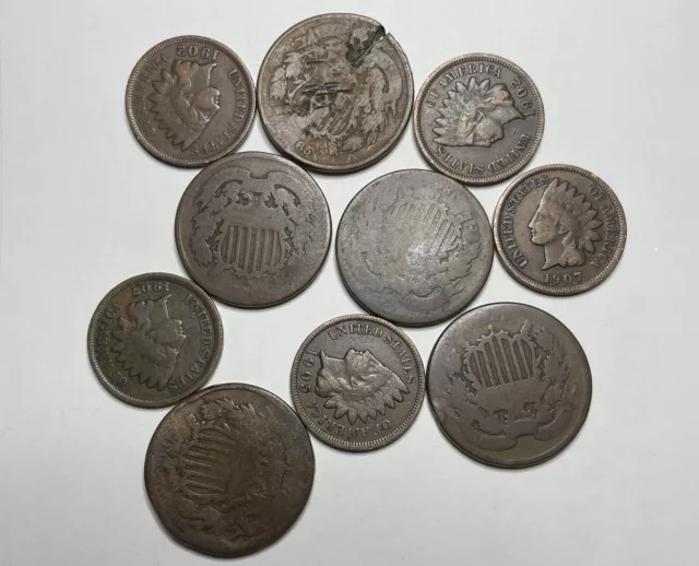 Old US Copper/Bronze Coin Lot (10 Coins) Two Cent & Indians