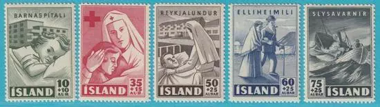 Island 1949 ** postfrisch MiNr. 254-258 Rotes Kreuz Kinder Schiffe