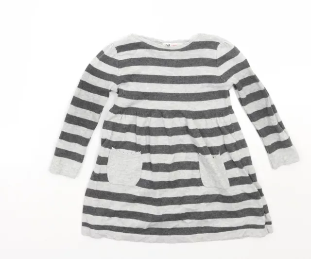 H&M Girls Grey Round Neck Striped Cotton Pullover Jumper Size 2 Years