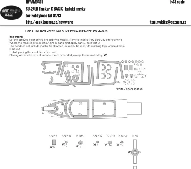 New Ware 1/48 Su-27UB Flanker C BASIC paint masks for HobbyBoss 81713 - NWAM0451 New Ware 1/48 Su-27UB Flanker C BASIC paint masks for HobbyBoss 81713 - NWAM0451