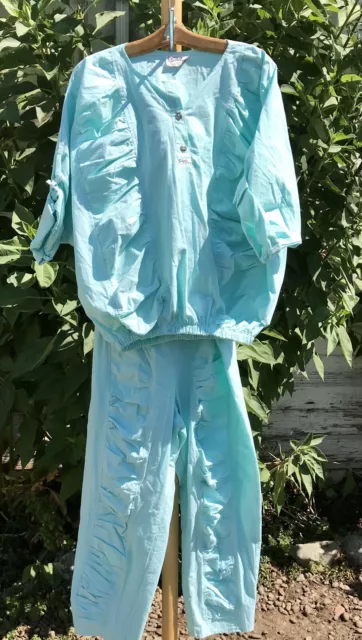 Vtg 80s. Sibelle Calif Aqua Pants Blouse Set Retro Puffy Lounge Sweat Suit M L