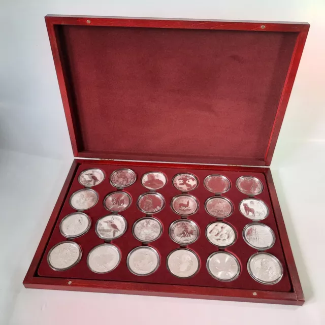 Wooden Coin Tray Cabinet Case Gold Silver Collection Box 24 slots diameter 46mm