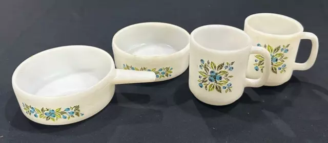 Vintage Jeannette Glasbake Milk Glass Blueberry Mugs & Soup Bowls -Setting for 2