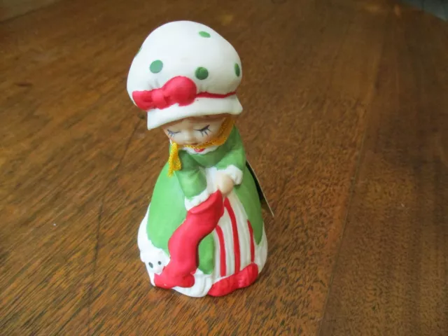 Vtg 4 1/4" Jasco-Sugar Plum Bisque Porcelain Green Dress Girl-Stocking Cat Bell