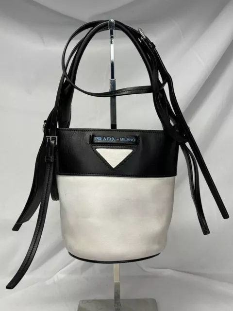 Prada Milano City Calf Overture Bucket Back Talco Black Gray w/ Strap VWG 329516