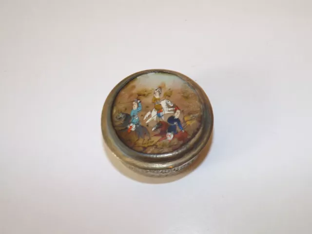 Grand Tour Middle Eastern Mother Of Pearl Hunting Scene Small Silvered Brass Box