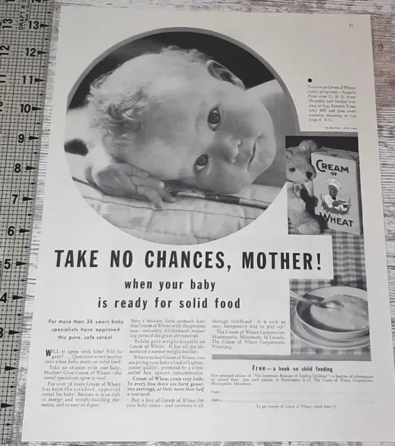 1932 Cream of Wheat Vintage Print Ad Cereal Baby Face Solid Food Teddy Bear B&W
