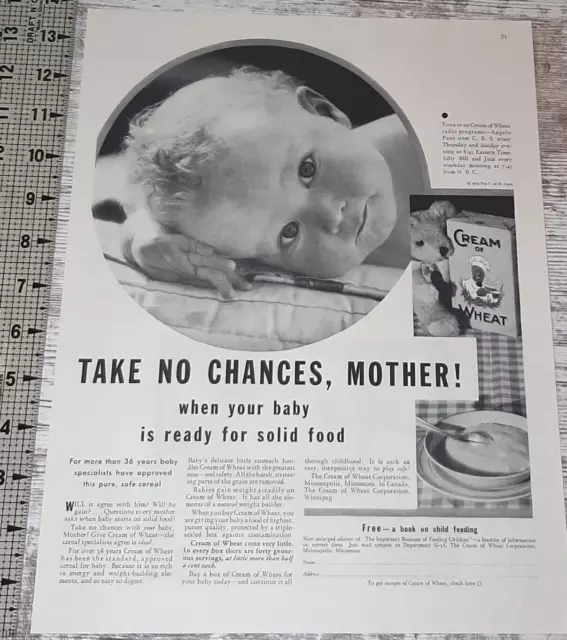 1932 Cream of Wheat Vintage Print Ad Cereal Baby Face Solid Food Teddy Bear B&W