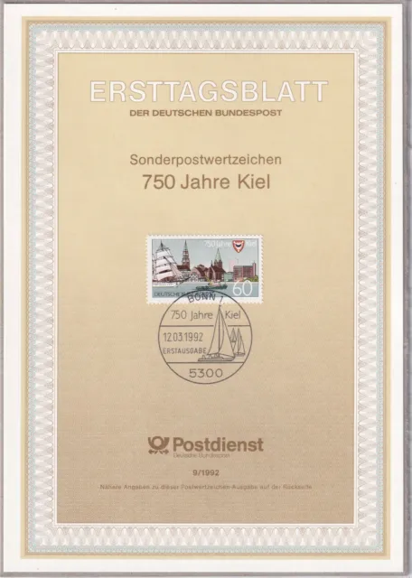 Ersttagsblatt ETB 9/1992 - "750 Jahre Kiel - Stadt- und Hafenansicht" - Bonn
