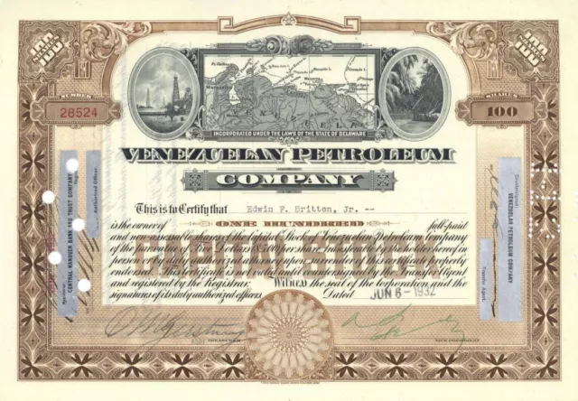 Venezuelan Petroleum Co. - 1932 dated Oil Stock Certificate - Rare Brown Color -