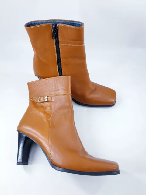 Size 3 (36) tan brown leather side zip block heel ankle boots