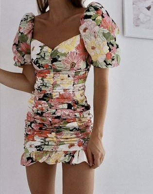 ZARA FLORAL PRINT Ruched Mini Bodycon 