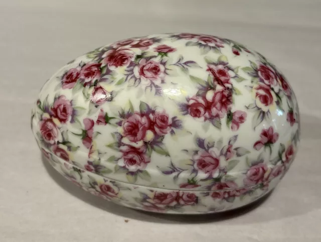 Vintage Lefton Rose Chintz Large Easter Egg Ceramic /Porcelain Trinket Box B-203