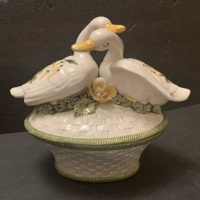 Majolica J. W. Co Italian Pottery Ceramic Floral Ducks Serving Covered Bowl RARE