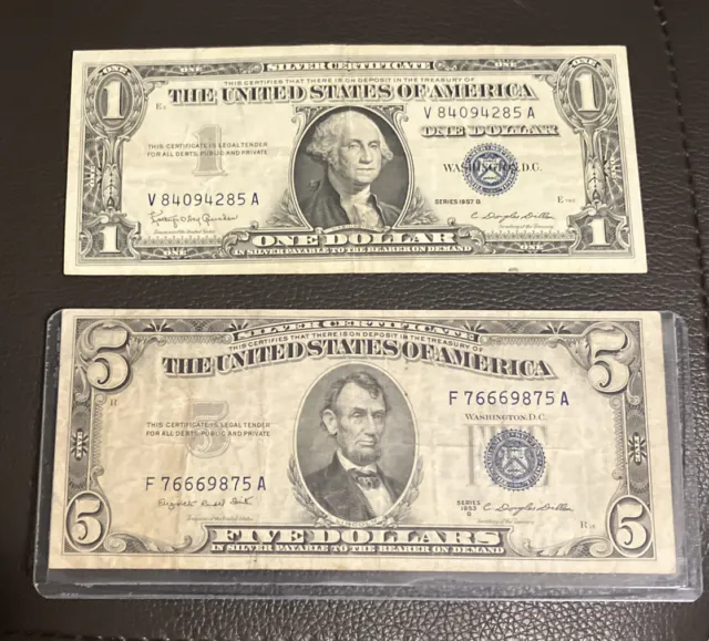 1953 $5 Silver Certificate Blue Seal From & 1957 $1 Silver Certificate Series B