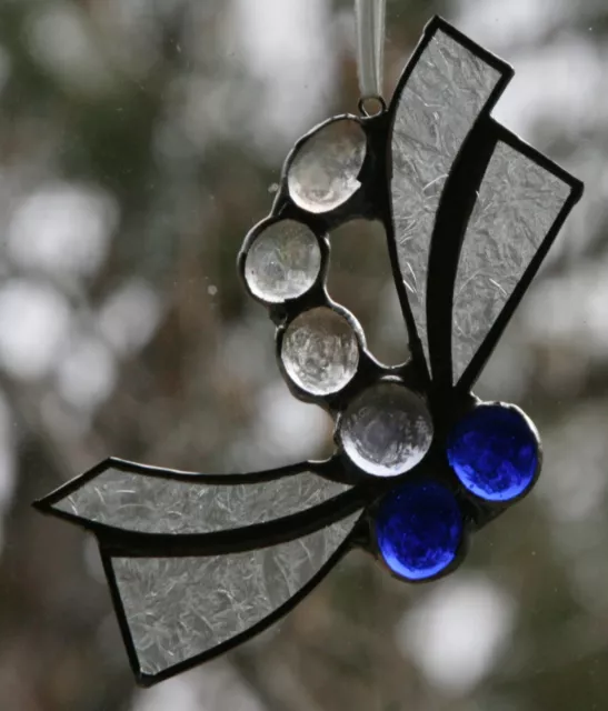 CRYSTAL BLUE FLUTTERBUG Authentic Stained Glass SUNCATCHER GARDEN TWIRLERS Gifts