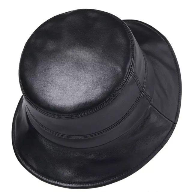 Women Men Bucket Bush Fishing Hat Cap Sheepskin Leather Black Wide Brim New 2