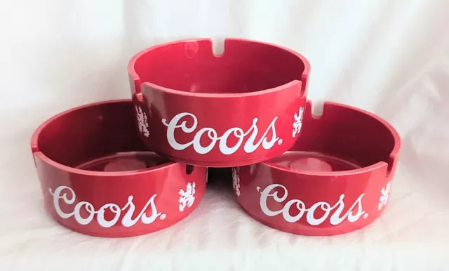 Lot Of 3 Vintage Coors Beer Ashtrays Red Plastic Brookpark 1601