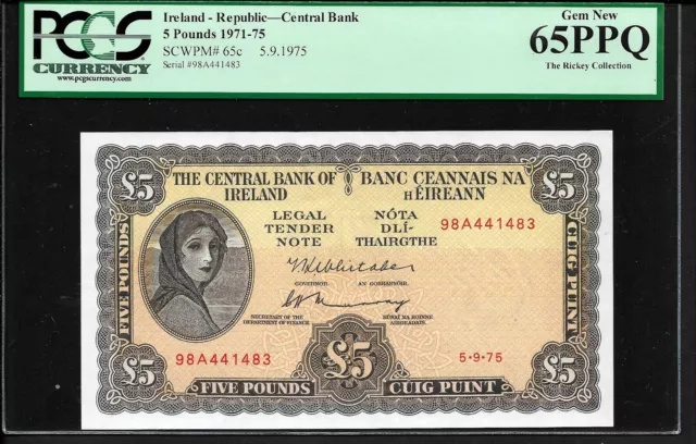 Ireland p-65c, UNC, 5 Pounds, 1975, Lady Lavery, PCGS Graded 65 PPQ