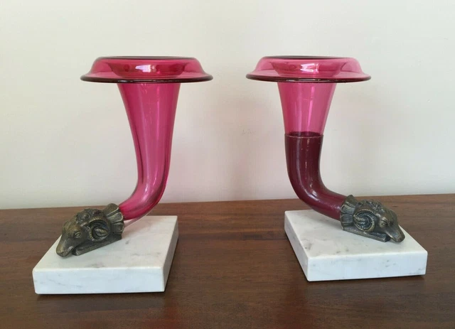 Victorian Cranberry Glass Cornucopia Vase with Brass Ram's Head ~ Pair