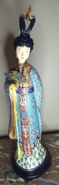 LARGE 16" 1950s Antique Chinese Cloisonne Kuan Yin Kwan Yin Statue Cloud Motif