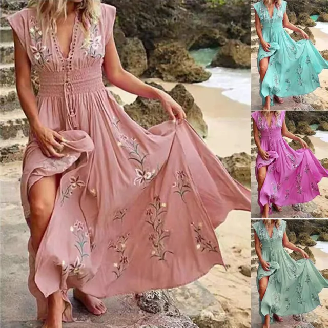 Abito Lungo Floreale Boho Da Donna Abito Da Spiaggia Casual Con Scollo A V ☆