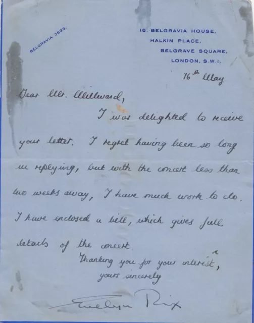 1959 Letter from Evelyn Rix   Solo Pianoforte