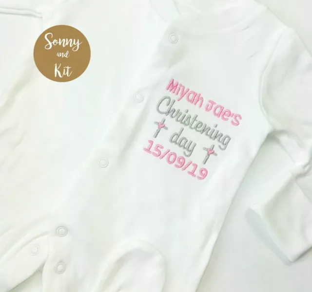 Personalised Christening Babygrow Sleepsuit, Baby Girl or Boy Pink Blue Gift