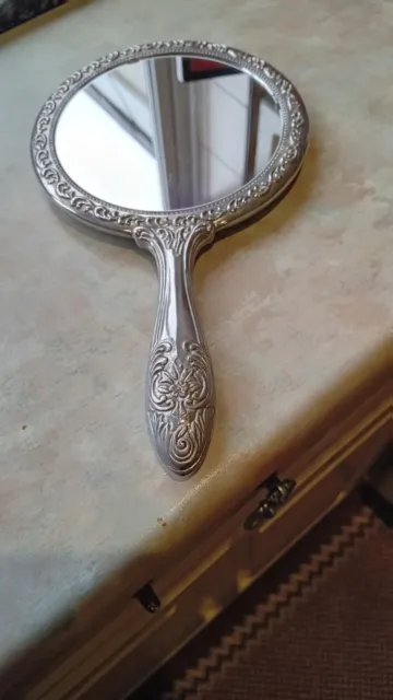 Vintage Ornate Silver Plated? Vanity Hand Held Mirror. Uk Postage Only.