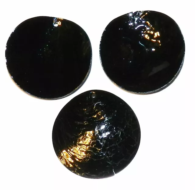 S414 Black Mussel Shell 40mm Round Top-Drilled Coin Drop Beads 6pc