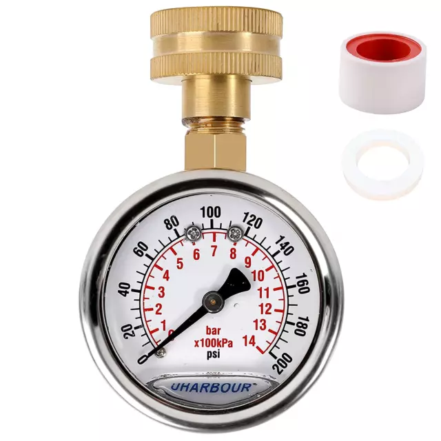 Glycerin Filled Water Pressure Gauge 200Psi/14Bar, 2" Dial,Stainless Steel Case,