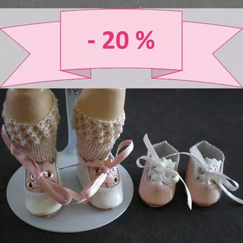 -20% - Lot de 2 CHAUSSURES en CUIR pour/de POUPEE Ancienne BLEUETTE ROSE-BLANC
