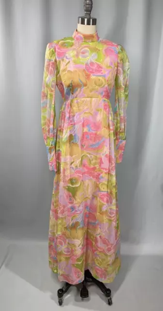 Vintage Dress SIZE SMALL psychedelic neon pink green yellow 60s 70s maxi long