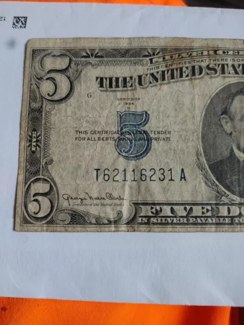 Series 1934-D $5 Dollar Blue Seal Silver Certificate old bank notes us money