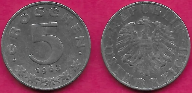 Austria 5 Groschen 1963 Vf Imperial Eagle With Austrian Shield On Breast,Ho